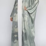 Sage green printed open abaya in foil silk by Nimah Wear available in Pakistan