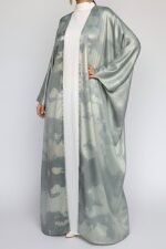 Sage green printed open abaya in foil silk by Nimah Wear available in Pakistan